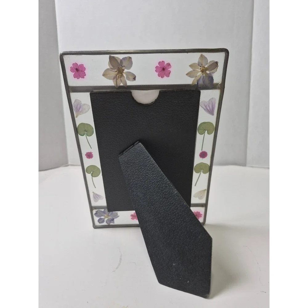 Vintage Stained Glass Pressed Flower Photo Frame 4x6 Botanical Cottagecore Decor